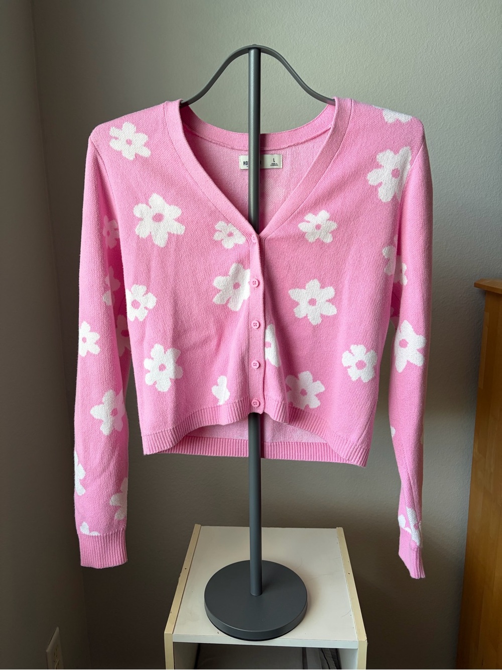 Hollister Pink Cardigan with White Daisy Pattern
